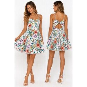 Trixxi Floral Fit & Flare Dress Size 7 White Garden Print Sweetheart Bow Back